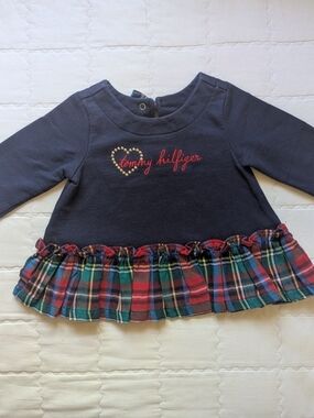 Tommy Hilfiger Navy Long-Sleeve Top with Plaid Ruffle Hem